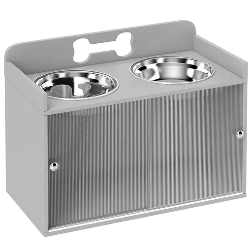 PawHut Stație de hrănire ridicată cu 2 boluri și dulap, MDF, oțel inoxidabil, model cu oase, Gri | Aosom Romania