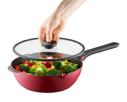 Tigaie Wok cu capac Noel, Ambition, 28 cm, aluminiu, visiniu/negru