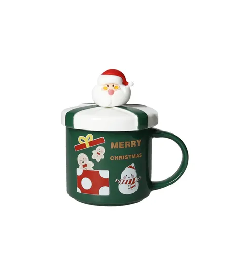 Cana cu capac si lingurita, Tree Xmas Green Gold, Brandani, 10x13.5 cm, portelan New Bone China