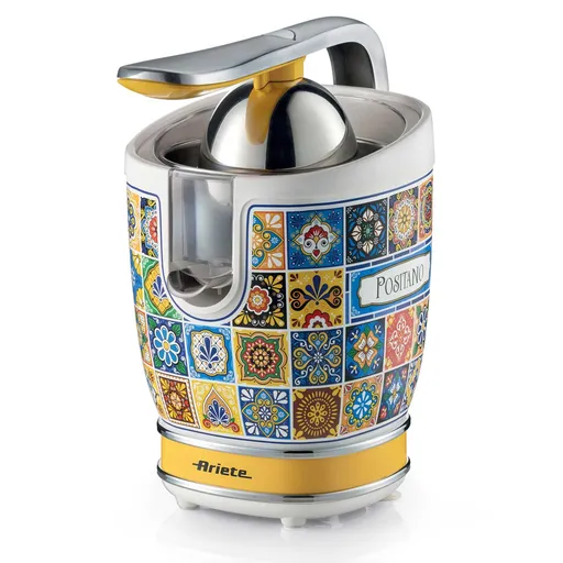 Presă pentru citrice Ariete Positano JUICER 0413/0P, 85W, Corp metalic, Funcționare silențioasă, 2 atașamente, Alb/galben