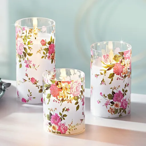 Lumânări LED în pahar Flori romantice, set de 3 buc.