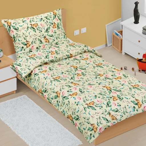 Lenjerie de pat Bellatex Junior, din bumbac Iepuraș în frunze, 140 x 200 cm, 70 x 90 cm