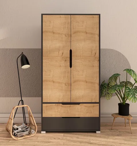 Dulap pentru haine, Hanah Home, Flora 90, 90x183x45 cm, PAL, Stejar antracit / safir