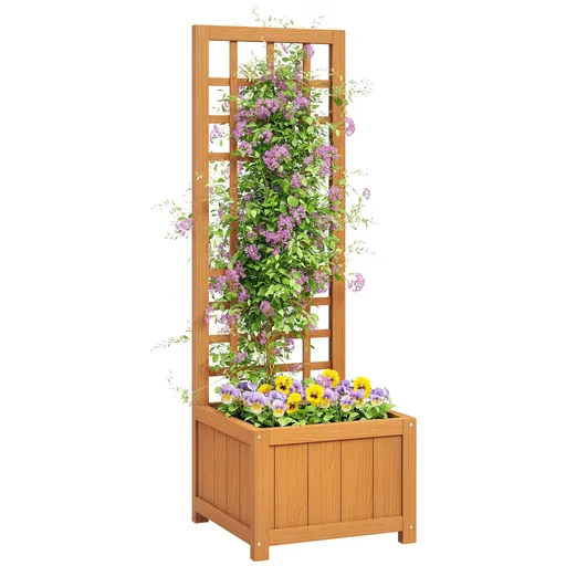 Outsunny Pat Înălțat pentru Grădină cu Grilaj și Orificiu de Drenaj, 40x40x120 cm, Maro Deschis | Aosom Romania