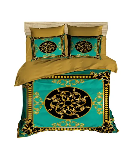 Lenjerie de pat dubla King (EU) (ES), 3 piese, L'essentiel Maison, 3D5, Black / Gold / Turquoise