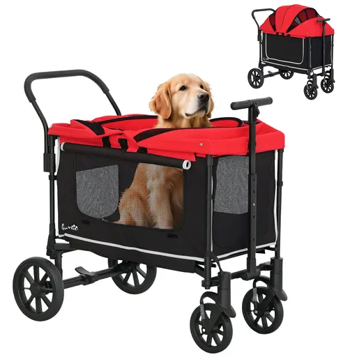 PawHut Hundewagen Hundebuggy pliabil pentru câini și pisici de până la 30 kg 110 x 65 x 102 cm Rot | Aosom Romania