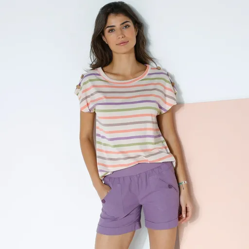 Tricou în dungi cu nasturi de nucă de cocos pe umeri