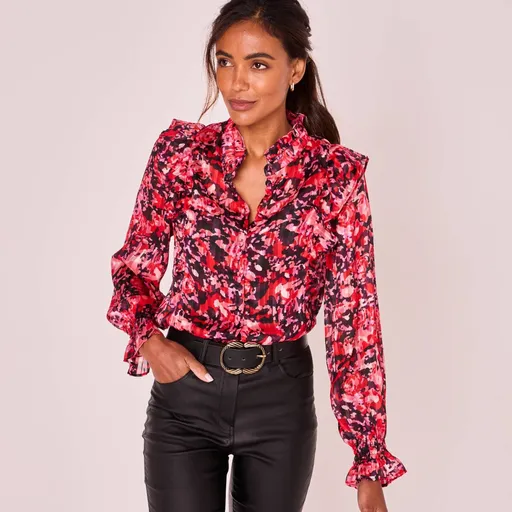 Bluză din voal cu volane și imprimeu