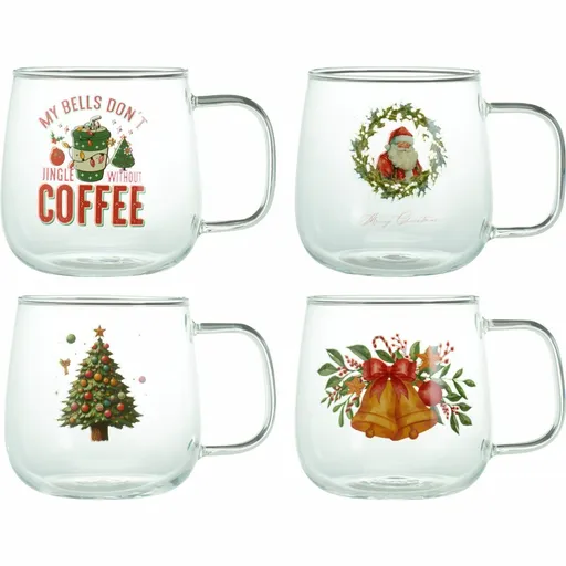 Set de 4 căni de sticlă de Crăciun cu imprimeu 400 ml