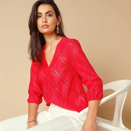 Tricou cu dantelă și mâneci bufante