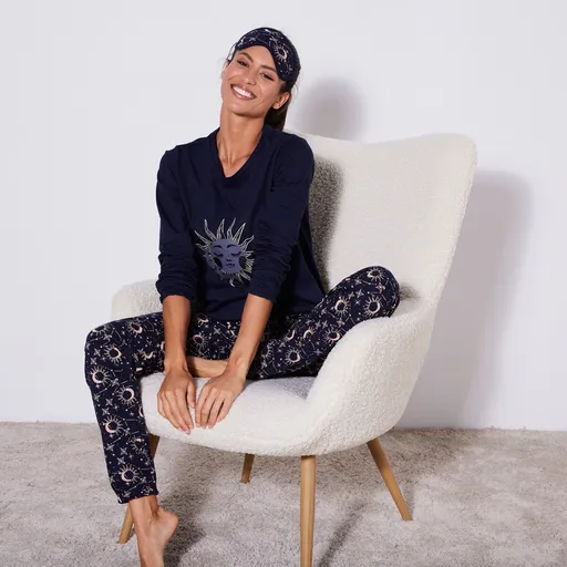 Pijama cu mânecă lungă cu imprimeu "Soare și stele" + mască de dormit