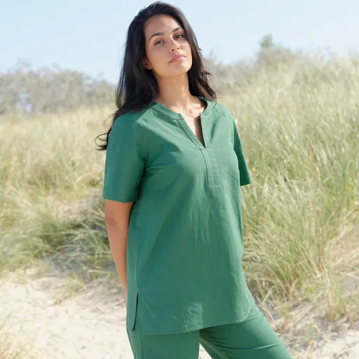 Tunică cu decolteu tunisian, bumbac-lin