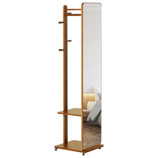 HOMCOM Oglinda de Podea cu Rafturi si Cuier Suspendat din MDF/Sticla Oglinda si Dulap Stabil , 40x44.5x170 cm, Nuc