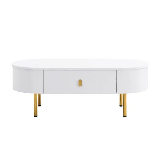 Masă de cafea cu 2 sertare, colțuri rotunjite, mânere și picioare aurii, 108x50x40 cm, Alb