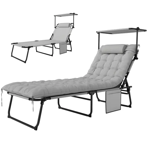 Outsunny Șezlong pliabil cu copertină și saltea, șezlong cu spătar reglabil în 4 poziții, gri deschis | Aosom Romania