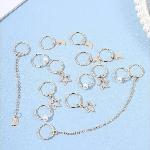 Accesorii pentru Codite Afro, Box Braids, Moon and Star, Set 14 Bucati Gold
