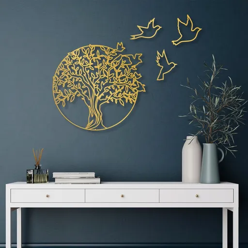 Decoratiune de perete, Tree And Birds 4, Dimensiune: 61 x 56 cm, Auriu