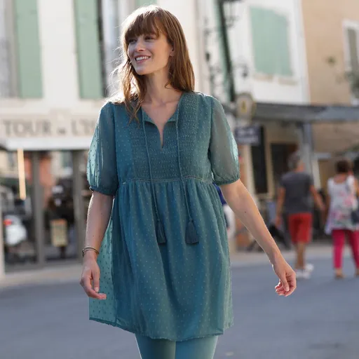 Tunică de culoare solidă cu broderie cu buline, poliester reciclat