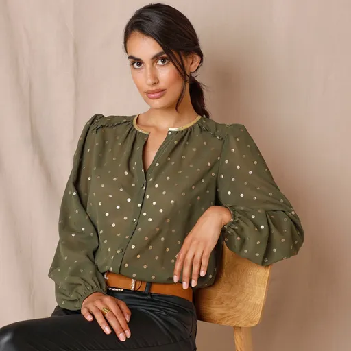 Bluză din voal cu imprimeu cu buline aurii