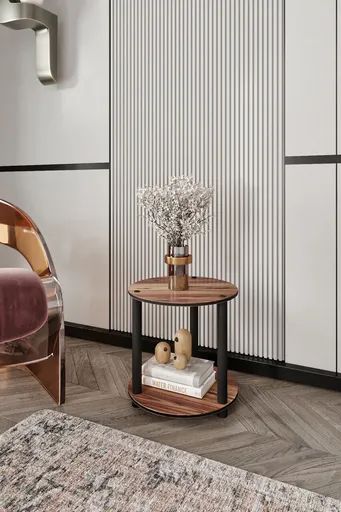 Masuta de cafea, Hanah Home, Bookcase 2 Layer Round, 34x38x34 cm, MDF , Maro