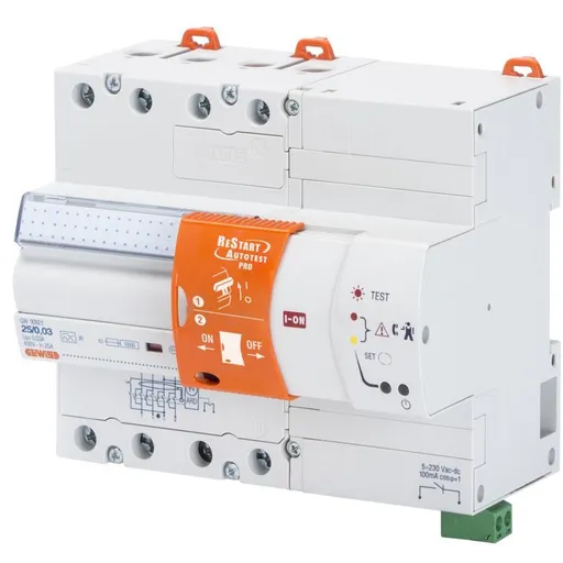 Dispozitiv de reanclasare cuplat cu RCCB-uri RESTART AUTOTEST PRO 4P 25A 0.3 A IR 7M Gewiss GW90927