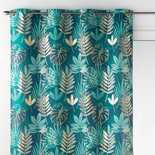 Perdea cu ochiuri și imprimeu tropical și efect metalic