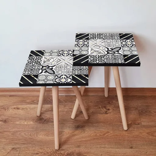 Set masute 2 piese, Hanah Home, 2Shp384, Negru / Alb / Auriu