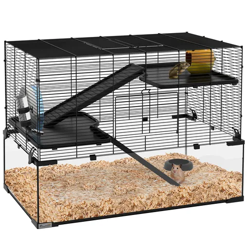 PawHut Cușcă pentru Hamsteri, Gerbili și Animale Mici din Fir de Otel și Sticlă cu Rotiță, 76.5x48.5x54.5 cm, Negru | Aosom Romania
