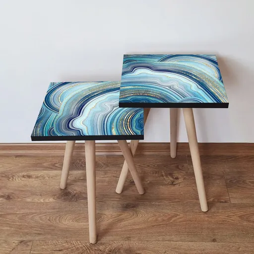 Set masute 2 piese, Hanah Home, 2Shp89, Bleumarin / Albastru / Auriu