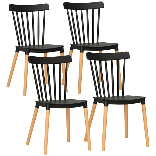 HOMCOM Set de 4 scaune stil scandinav cu spătar înalt, șezut din polipropilenă, picioare din lemn de fag 48 x 52,5 x 83 cm negru | Aosom Romania