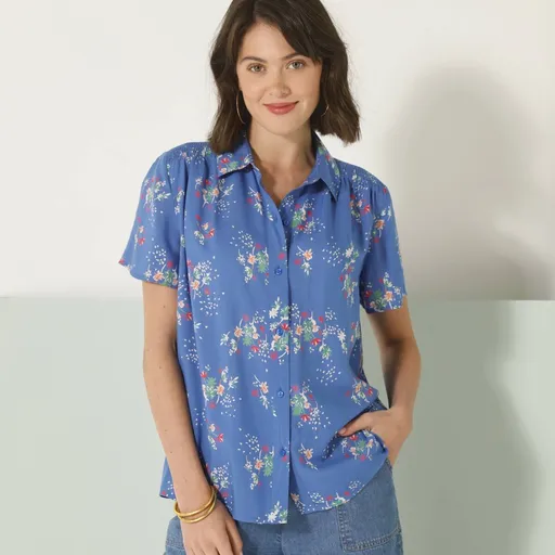 Cămașă cu mâneci scurte, franjuri și imprimeu floral