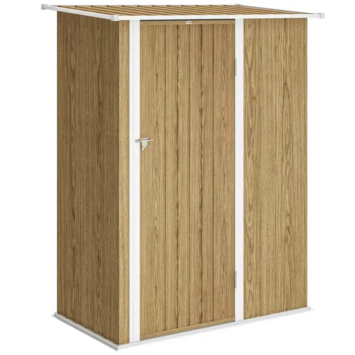 Outsunny Căsuță pentru Grădină 1.07m² din Oțel Galvanizat, Căsuță pentru Unelte cu Ușă Blocabilă, Acoperiș Înclinat, 142x86x189 cm, Imitatie Lemn | Ao