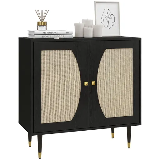 HOMCOM Bufet de bucătărie mobilier de depozitare design boem cu dublă uși și 2 nivele, fațadă din răchită 80 x 38 x 79 cm negru | Aosom Romania