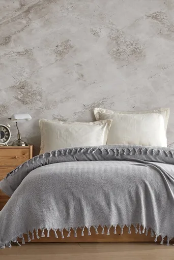 Cuvertura matlasata dubla, L'essentiel Maison, Berlino, Bumbac reciclat, Gri deschis