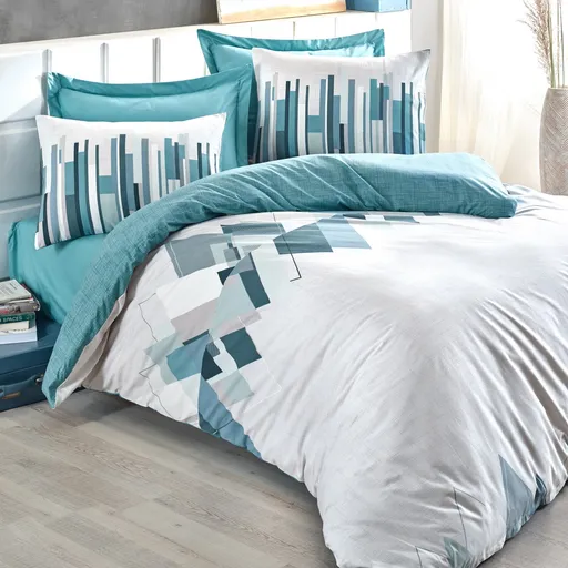 Lenjerie de pat Cotton Box 129CTN2373, 100% bumbac, Cearsaf pat 160x220 cm, Cearsaf plapuma 160x240 cm, Fata de perna 50x70 cm, Alb/Verde