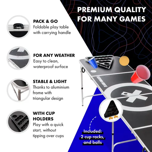 BeerCup Baseliner, set de masă pentru beer pong, audio, suporturi, suport pentru biluțe, 6 biluțe