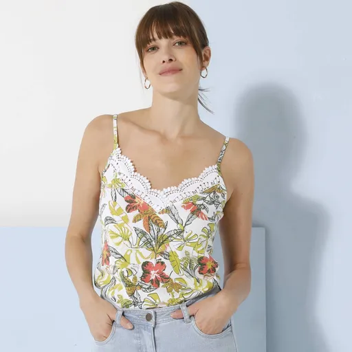 Top cu bretele înguste, dantelă și imprimeu
