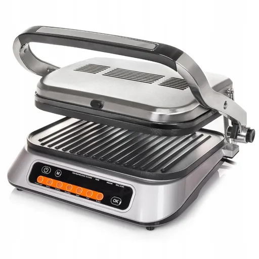 Gratar electric First Austria FA-5344-3, 2100W, 7 programe, Placi detasabile, Deschidere 180°, Otel inoxidabil