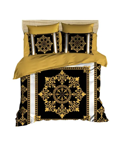 Lenjerie de pat dubla King (IT), 3 piese, L'essentiel Maison, 3D7, Negru / Auriu / Alb