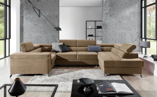 Coltar extensibil dreapta 6 locuri ELTAP, Th-12, Thiago, 342x208x88 cm, lemn/poliester, maro deschis