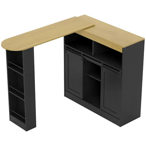 HOMCOM Masă de bar extensibilă, transformabilă în formă în L, mult spațiu de depozitare, 3 rafturi reglabile, PAL, MDF, Negru | Aosom Romania