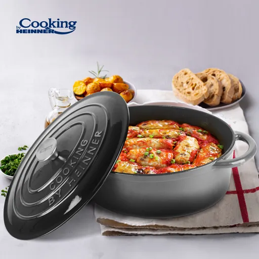 Semioala ovala cu capac Marble Grey, Cooking by Heinner, 37x29x15 cm, fonta emailata, gri
