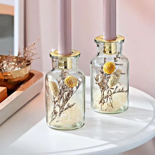 Suport de lumânare din sticlă cu flori uscate, set de 2 bucăți