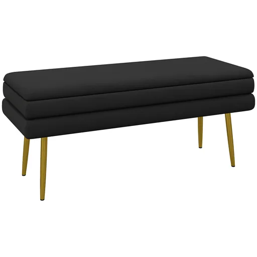 HOMCOM Bancă bancuță cutie de depozitare 2 în 1 cu șezut din catifea și picioare de oțel - 100 x 37,5 x 42 cm, negru și auriu | Aosom Romania
