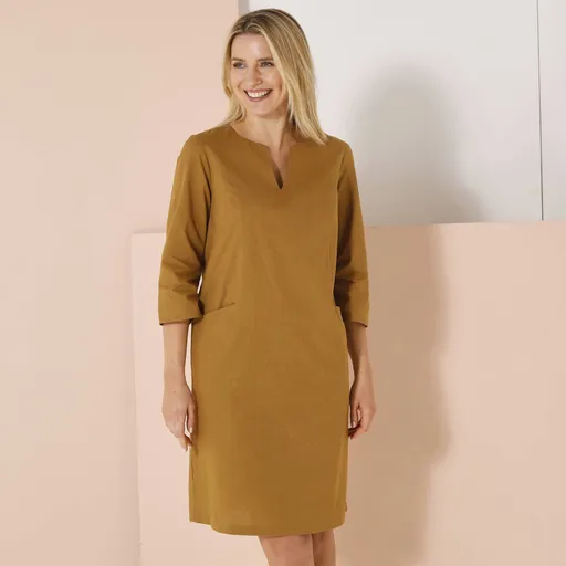 Rochie dreaptă cu buzunare, amestec bumbac/lin