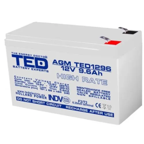 Acumulator stationar 12V 9,6Ah High Rate F2 AGM VRLA TED Electric TED1296 TED003324