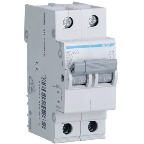 Siguranta automata 2P, 63A, 4,5kA, C, Hager MY263