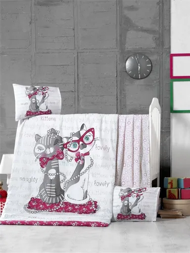 Lenjerie de pat pentru copii, Victoria, Kittens, 4 piese, 100% bumbac ranforce, fucsia/gri