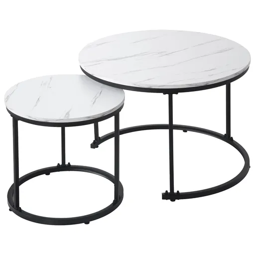 Set de 2 Măsuțe de Cafea Moderne Rotunde Suprapozabile din MDF cu Structură din Metal, Design Economisire Spațiu, 50x70,5 cm+45,5x44 cm, culoare marmu