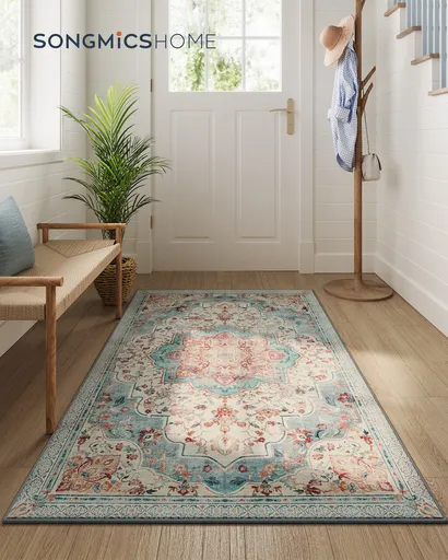 Covor antiderapant Songmics Vintage, 92x153 cm, lavabil la masina, poliester, albastru teal